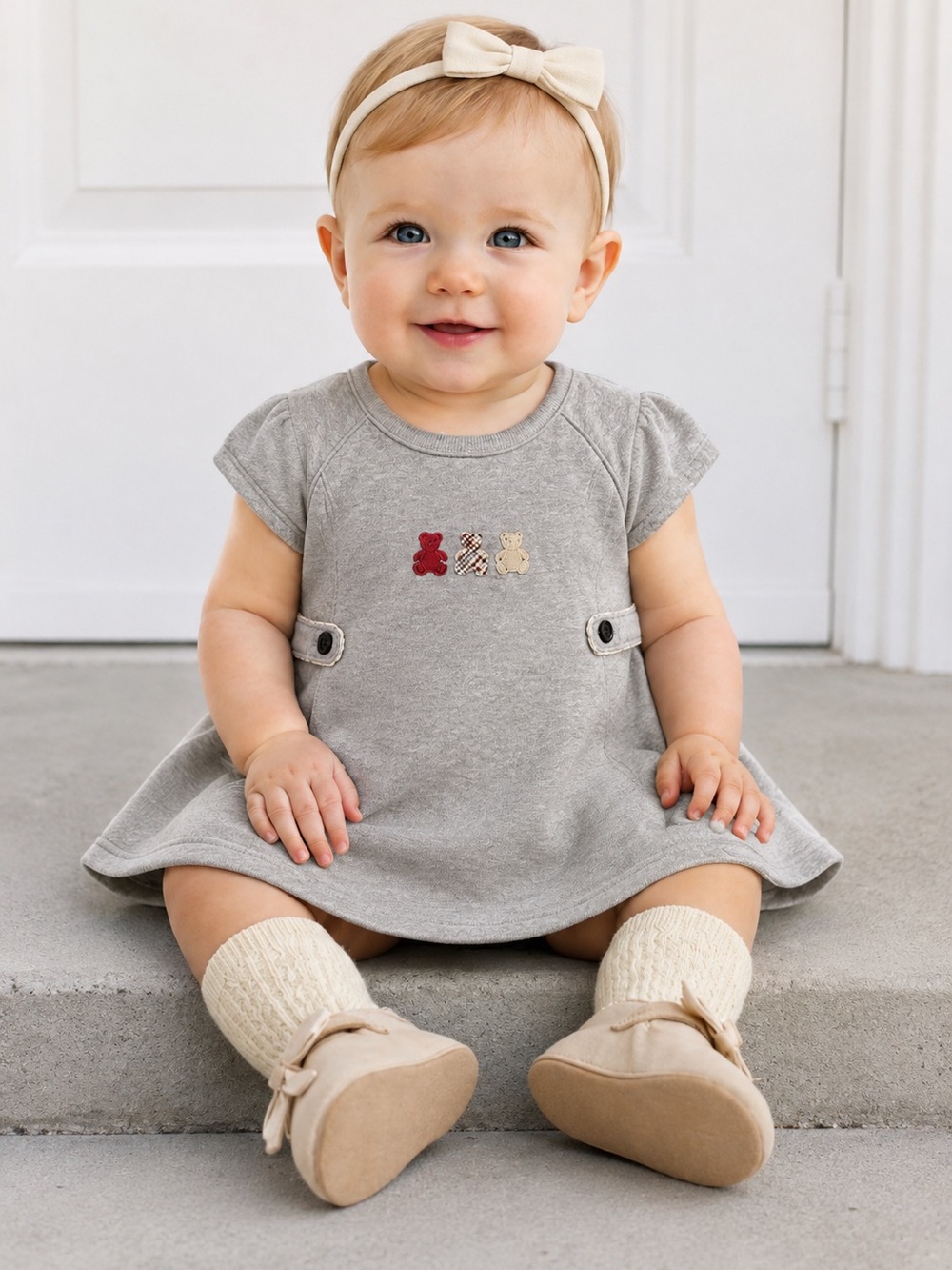 Burberry London Baby Button Up Iconic Nova Check Teddy Bear Embroidered Dress